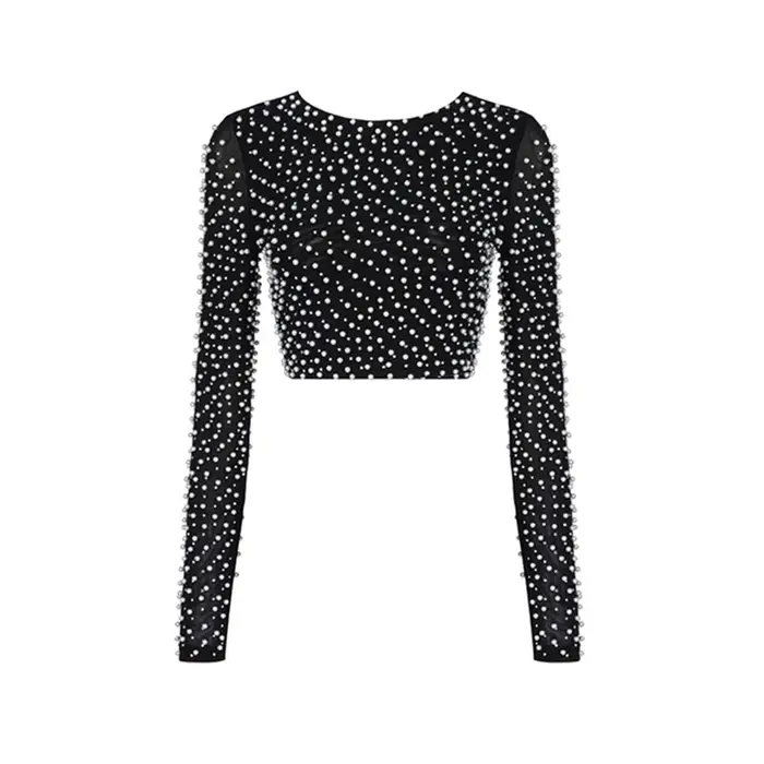 Sexy perles haut tendance femmes à manches longues vêtements Club fête Sexy maille Vintage élégant h