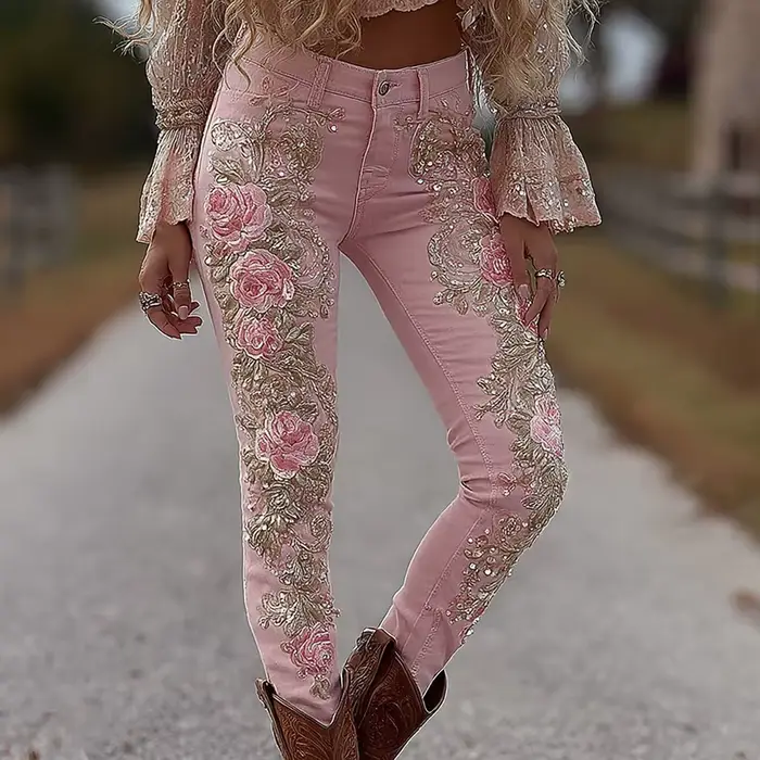 Jeans à jambes droites à imprimé floral pour femmes, style européen et américain, pantalon en denim 