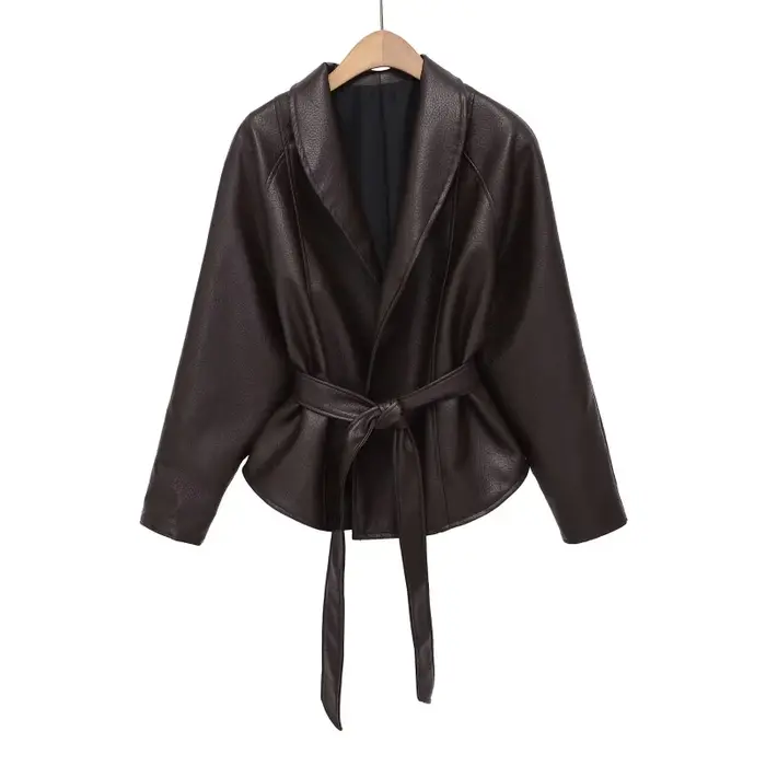 Vintage faux kožená bunda s dekorativní šátek pro ženy městského stylu retro jaro léto