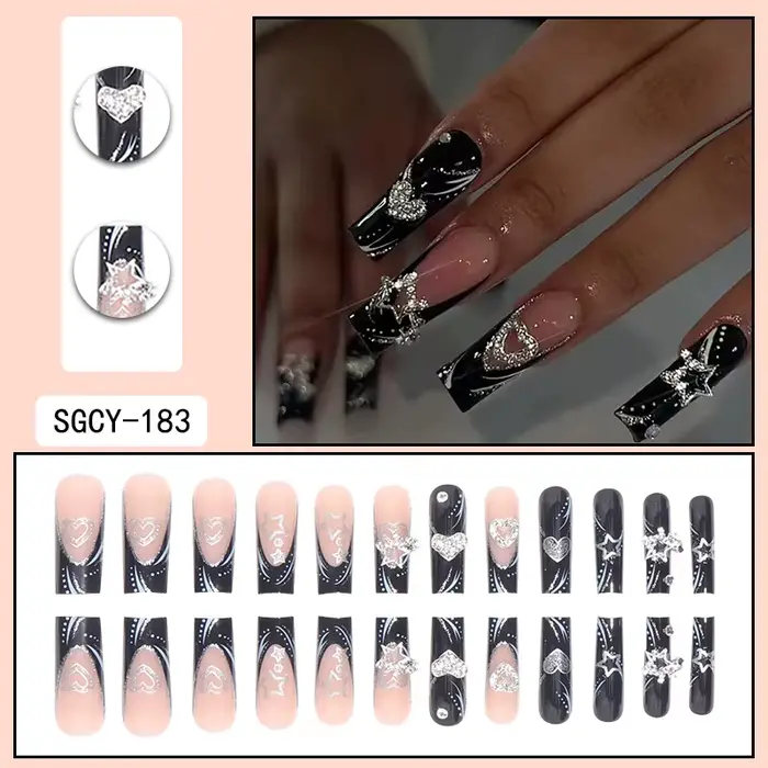 Ensemble de 24 pointes d'ongles français noires de forme rectangulaire, à la mode, avec paillettes e