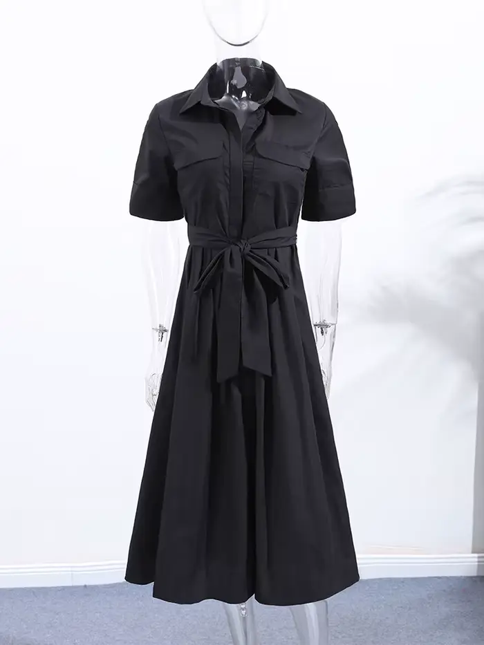 Nouvelle Robe Longue Plissée Noire Élégante pour Femme avec Ceinture, Manches Longues et Col Revers,