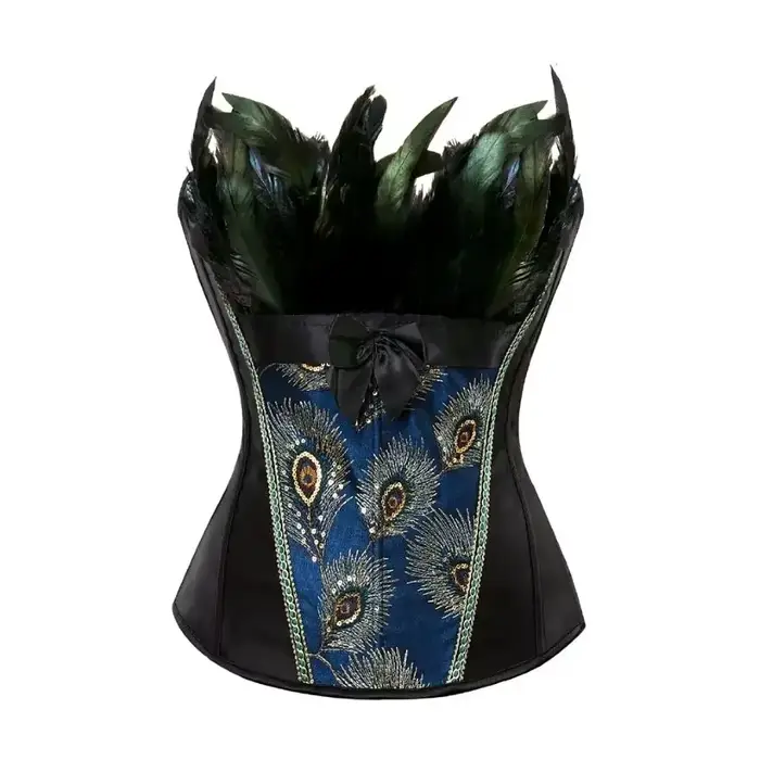 Femmes Sexy noir Corset paon plume broderie Vintage bleu Bustier gothique Shaperwear Burlesque surbuste à lacets Corsets