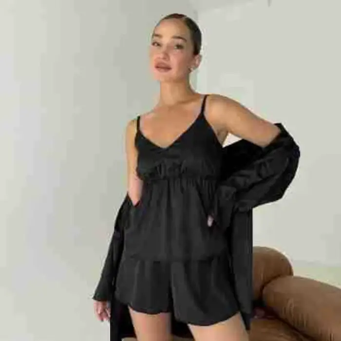 Nouvel ensemble pyjama 3 pièces en satin 2026 pour femme : robe sexy à manches longues + caraco + short – Tenue d'été décontractée, vêtements de nuit et d'intérieur