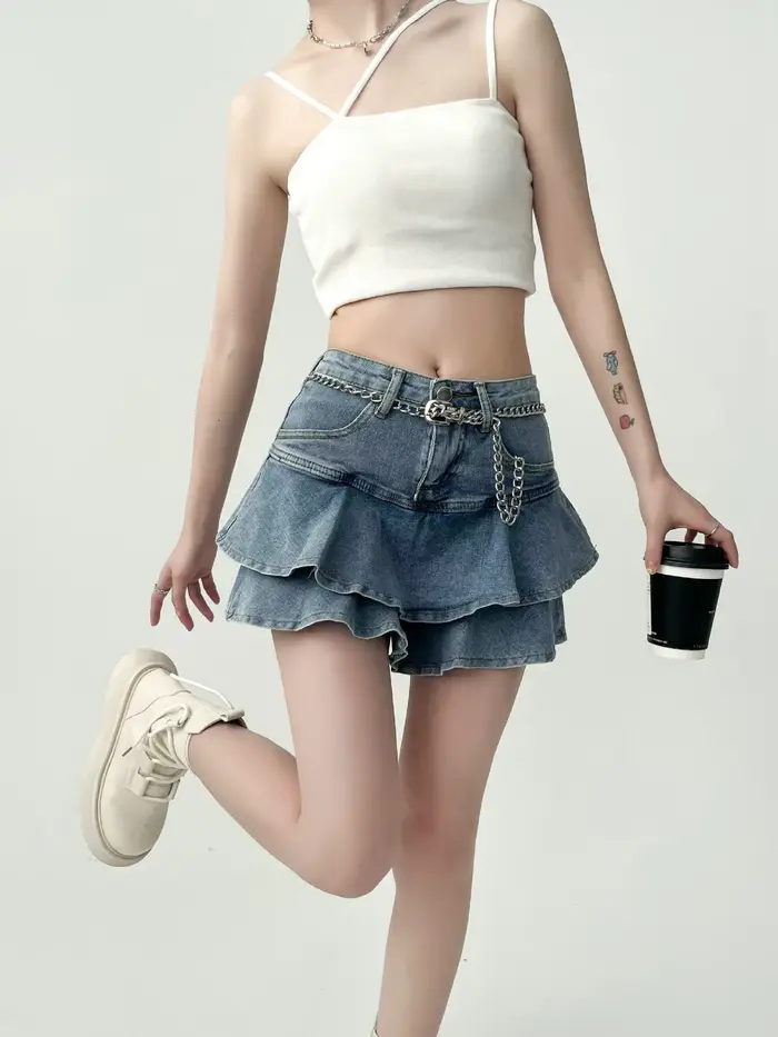 Spice Girls jupe en jean anti-dérapant Double jupe en jean femme extensible taille haute minceur a-l