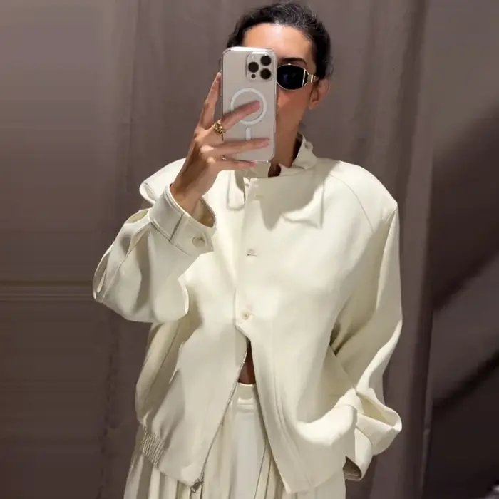 HXAO 2025 femmes Bomber veste automne hiver bouton surdimensionné vêtements d'extérieur Beige à manc