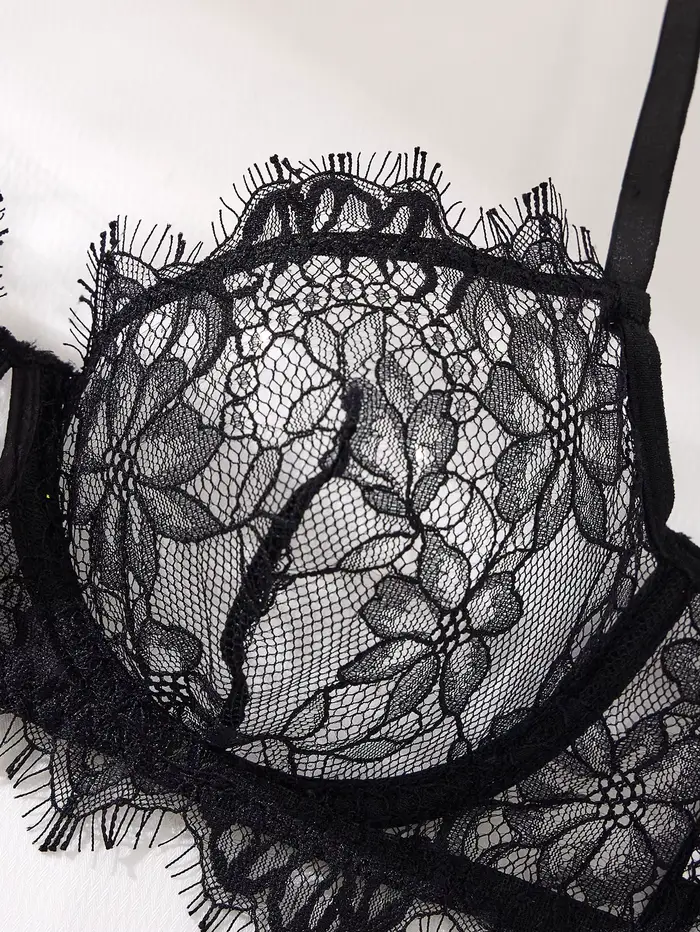 Ensemble de soutien-gorge et slip en dentelle noire pour femmes, sous-vêtements transparents romantiques et Sexy avec fleurs, Lingerie érotique transparente