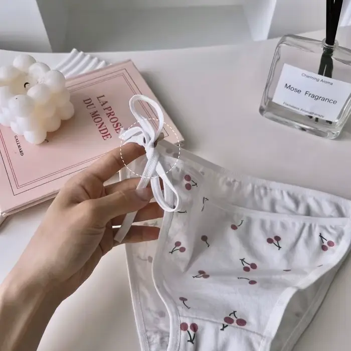 Lolita – Cherry vzorované bavlněné kalhotky pro ženy, sexy spodní prádlo, bílá, růžová, ramínko krajka-up, měkké, nízký pas, Anime, družičky žabky