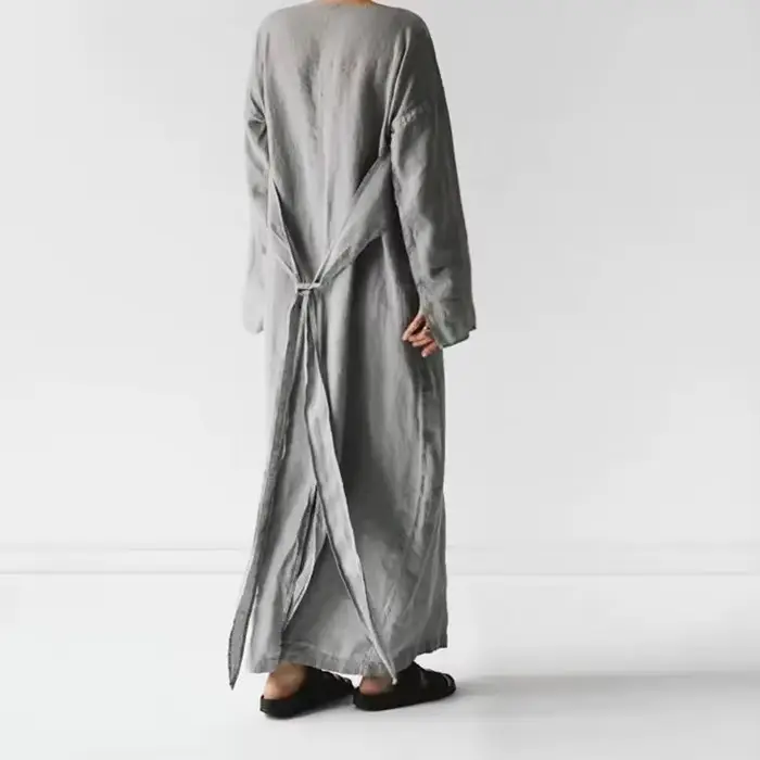 Robe longue décontractée en coton pour femmes, col rond, manches longues, gris uni, plis de document