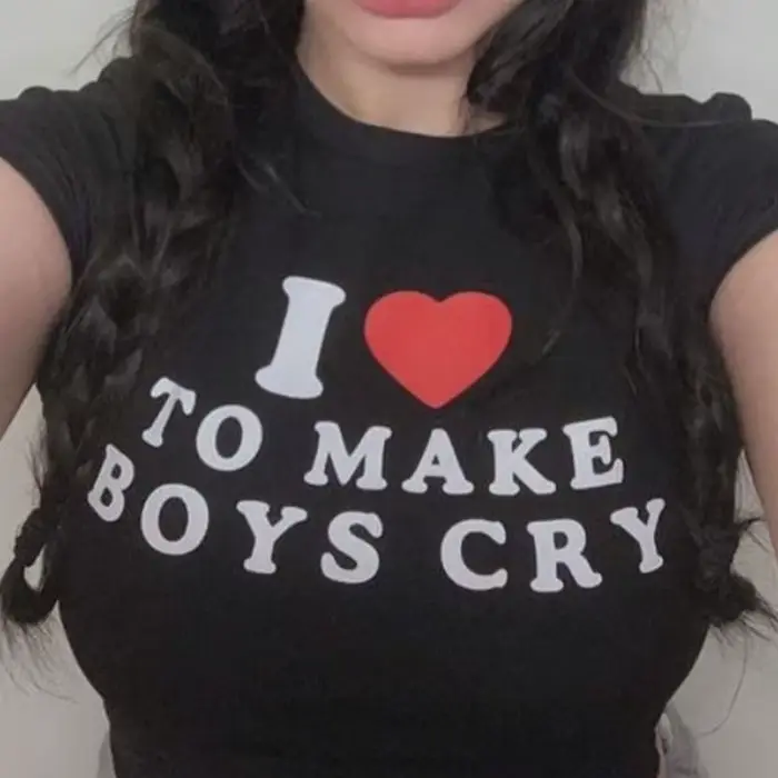 T-shirt manches courtes femme, streetwear, estival et slim, avec lettres I Love to Make Boy Cry impr
