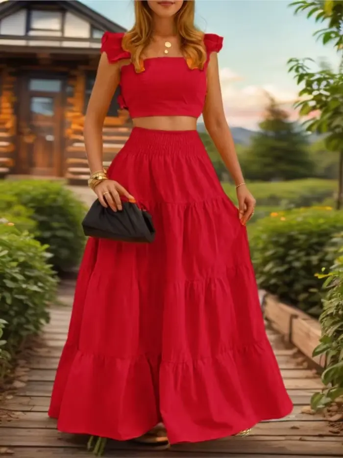 Ensemble de deux pièces en polyester uni pour femmes, style bureau dame, col carré, robe trapèze et haut à bretelles pour l'été, occasions spéciales
