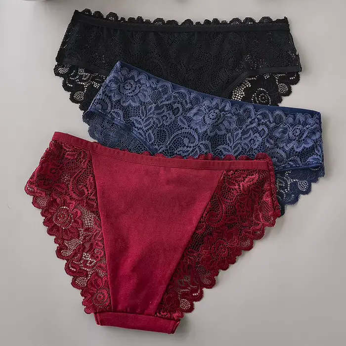 3dílná luxusní sada květinově vyšívaných krajkových kalhotek pro ženy – sexy průhledné spodní prádlo