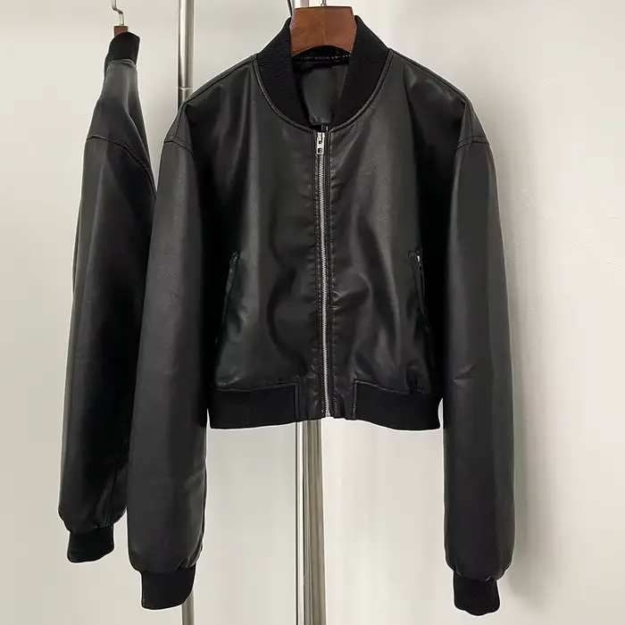 Manteau court en cuir de couleur unie pour femme, cardigan court à fermeture éclair, style rétro, dé
