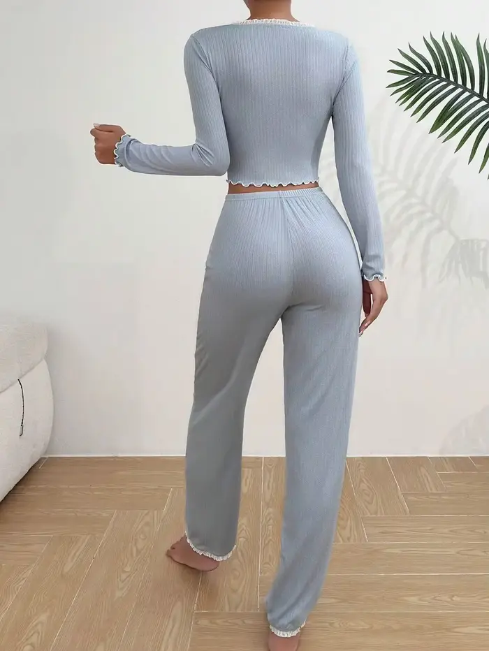 Podzimní zimní pyžamo Set pro ženy domácí oblečení s dlouhým rukávem košile kalhoty 2 ks Sexy krajka Pijamas noční prádlo ležérní oblečení