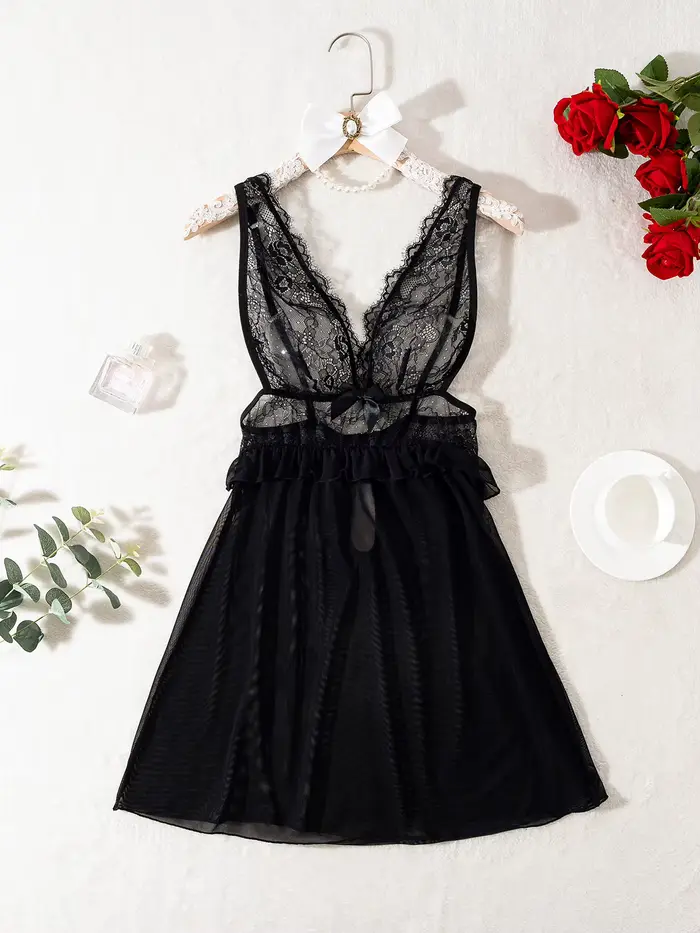 Lingerie noire transparente sexy, chemise de nuit en dentelle pour femme, chemise de nuit sexy sans manches avec tissu en maille, décolleté en V.