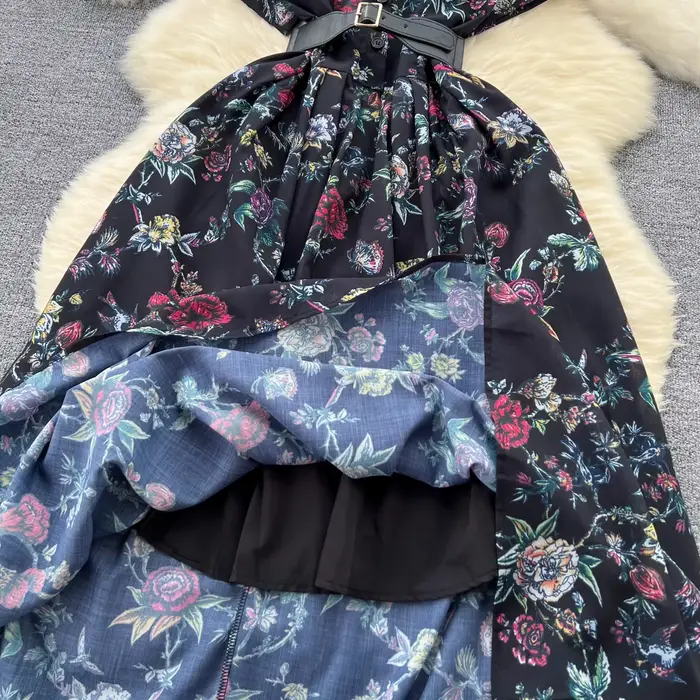 Robe à Revers à Imprimé Floral pour Femme, Vêtement Français Vintage, Manches Courtes, Taille Haute,