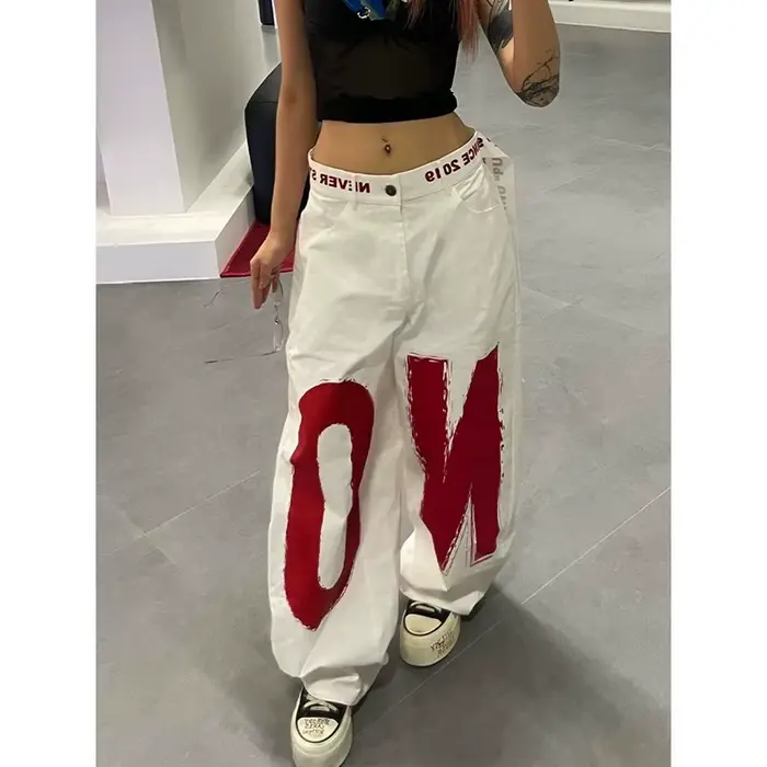 ZHIZOU dámské bílé džíny s potiskem písmen Y2K Baggy 2000s Styl Denim Kalhoty Harajuku Vintage Oversized Hip Hop