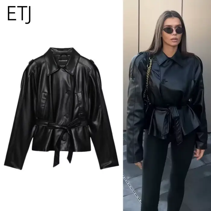 ETJ 2025 automne nouvelle mode femme ceinture simili cuir à manches longues court trench manteau déc