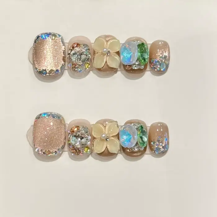 Faux ongles courts et carrés faits à la main, couverture complète, fleur, œil de chat, petit ballet 