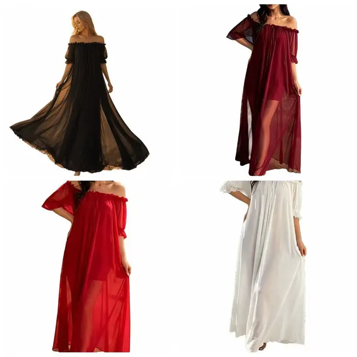 Chemise de nuit élégante transparente à épaules dénudées, col en V à volants, pour femme, en maille à manches courtes