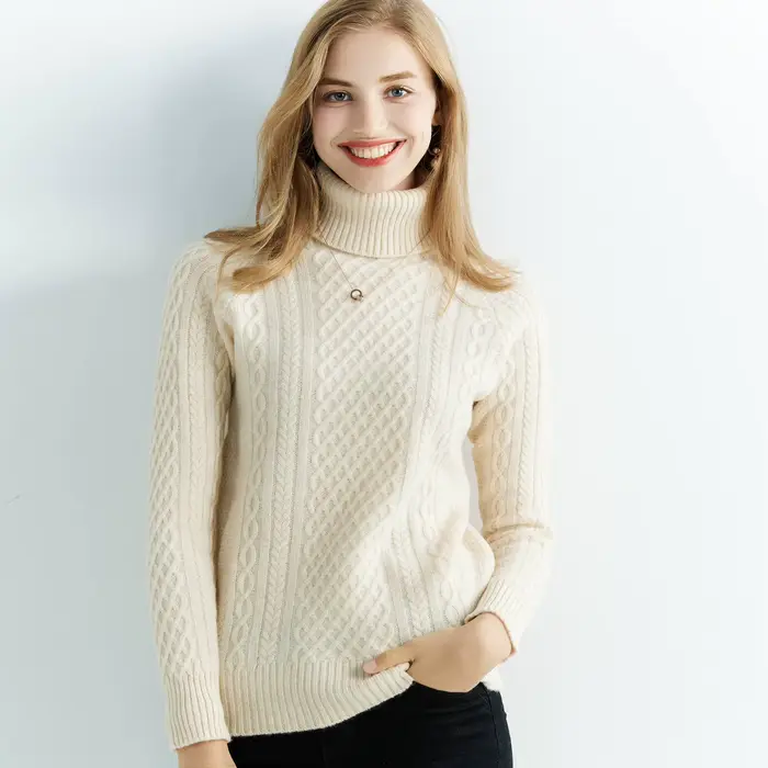 Pull en cachemire à col roulé et manches longues pour femme, 100% laine mérinos, vêtements d'hiver e