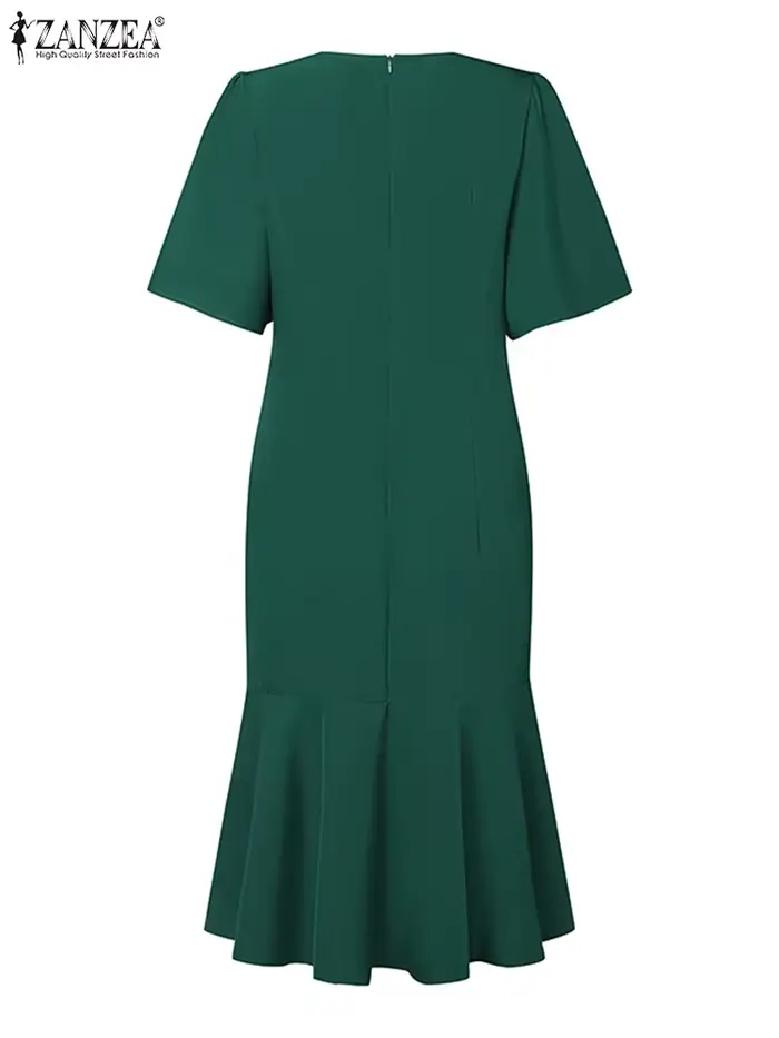 ZANZEA – Robe sirène élégante pour femmes, mode, manches courtes, col rond, ourlet à volants, ajusté