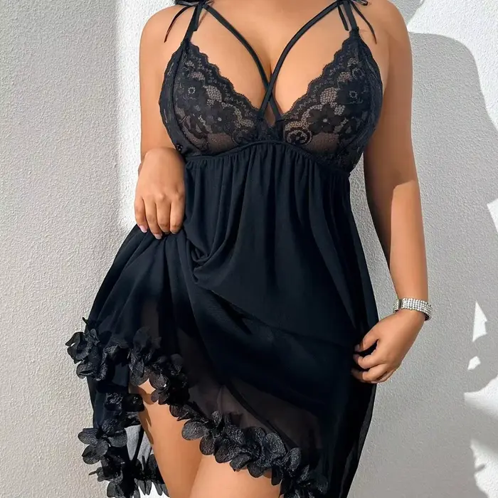 Plus velikost krajky sexy noční košile, V-Neck, průhledný Mesh, dámské oblečení na spaní, pohodlné, prodyšné, příležitostné, pro domácí