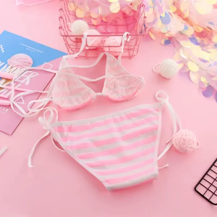 Japon Sexy Lingerie Lolita Kawaii bleu rose blanc rayé Mini Bikini adulte Cosplay femmes soutien-gorge ensemble de sous-vêtements Frenum maillot de bain