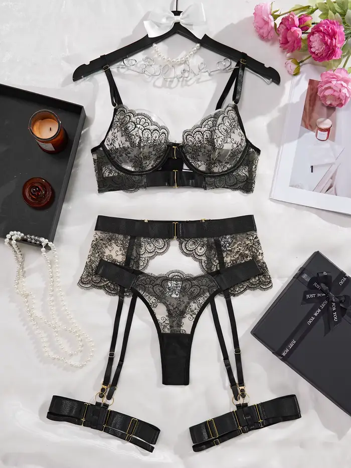 Onlyfan – ensemble érotique transparent brodé en dentelle de cils, Lingerie façonnant le corps, ense