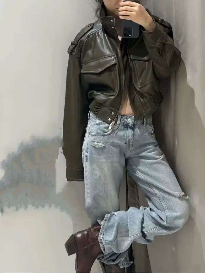 ETJ 2025 Nouvelle collection femme : veste courte moto col montant Y2K grande poche veste en simili 