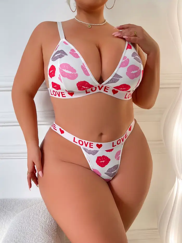 Dámské Sexy potisk Lip Spodní prádlo Set, Bralette a tanga francouzské trojúhelníkové klobouky, Uglier Support Spodní prádlo