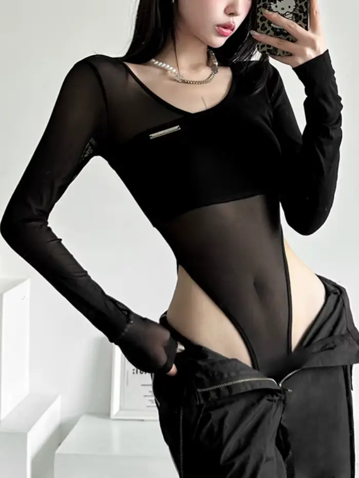 Body transparent noir pour femmes, lingerie sexy à manches longues, col en V, une pièce, dos nu, hauts pour occasions spéciales