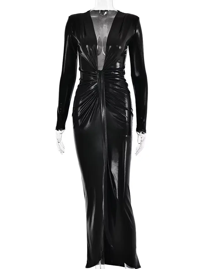 Articat Sexy V profond à manches longues à lacets robe plissée pour les femmes moulante fendu couleu