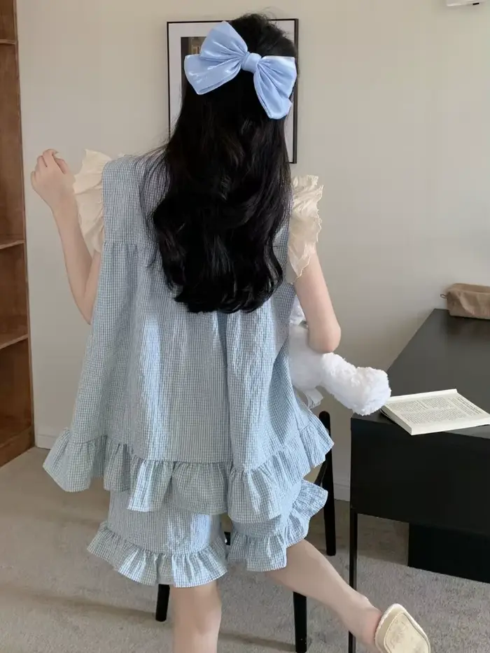 Ensemble de pyjama à volants de style japonais pour femmes, vêtements de nuit à la maison, dortoir étudiant décontracté, conception de nœud doux, mode fille, Kawaii, été