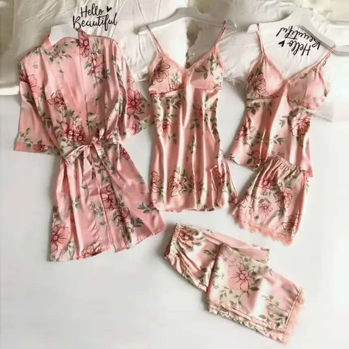 Pyjamas pour femmes 2026 – Ensemble sexy cinq pièces d'été avec bretelles, pyjama pour femme, tenue d'intérieur avec coussinet de poitrine et peignoir