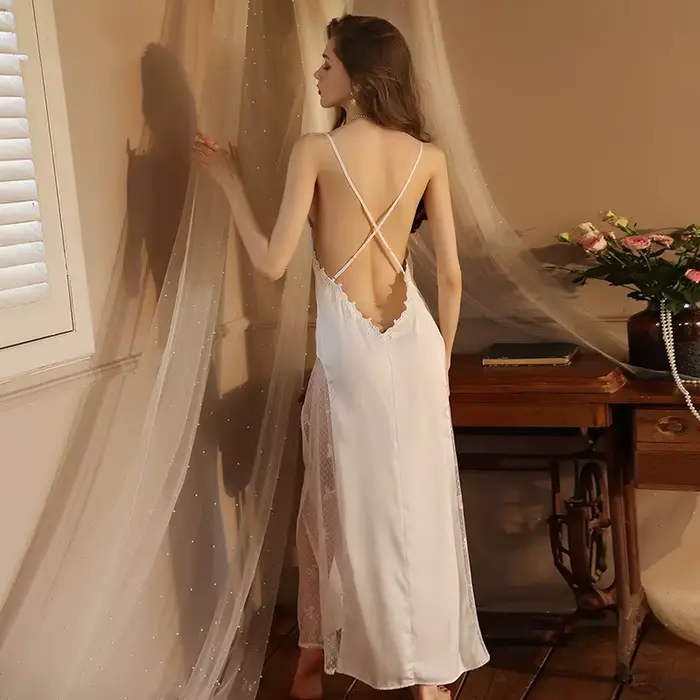 Noční košile pro ženy noční košile nové Sexy bez zad dlouhé noční košile tenké hedvábné krajky letní noční košile noční prádlo pro ženy pyžamové šaty