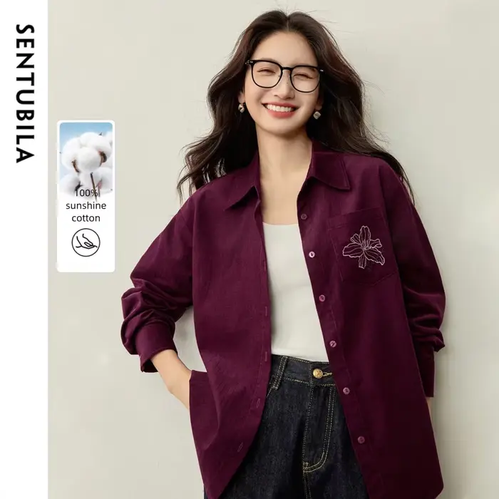 Chemise en velours côtelé de coton SENTUBILA pour femme, collection automne 2026, décontractée, brod