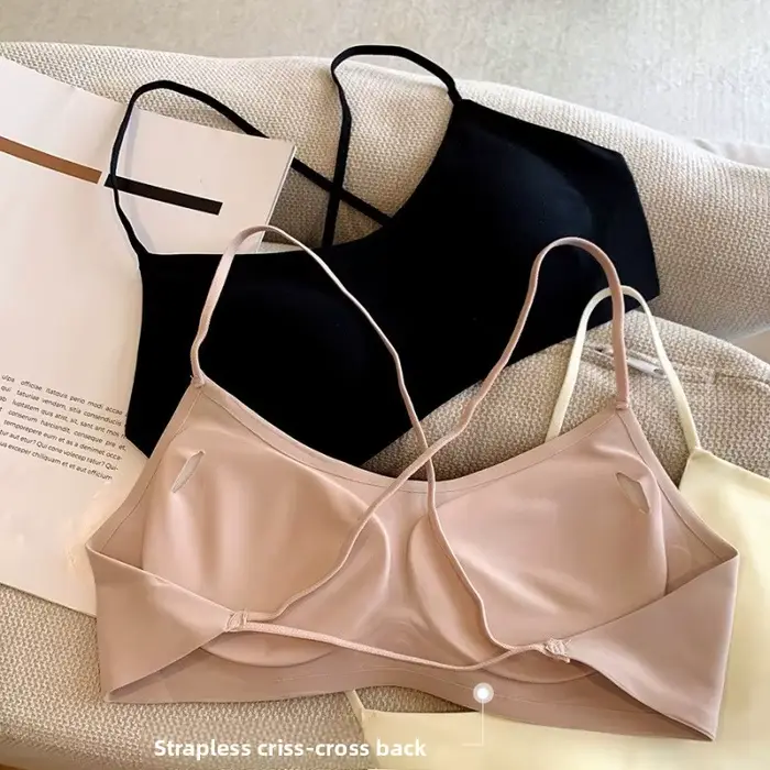 Nouveau soutien-gorge pour filles, style camisole, beige clair, fines bretelles, dos croisé, bonnet 3D goutte d'eau, décolleté en V profond, soutien-gorge respirant