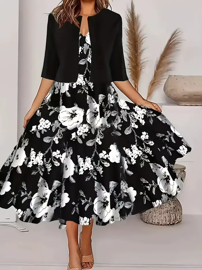 Robe longue pour femmes, ensemble deux pièces imprimé floral, col rond, manteau, Europe et états-uni