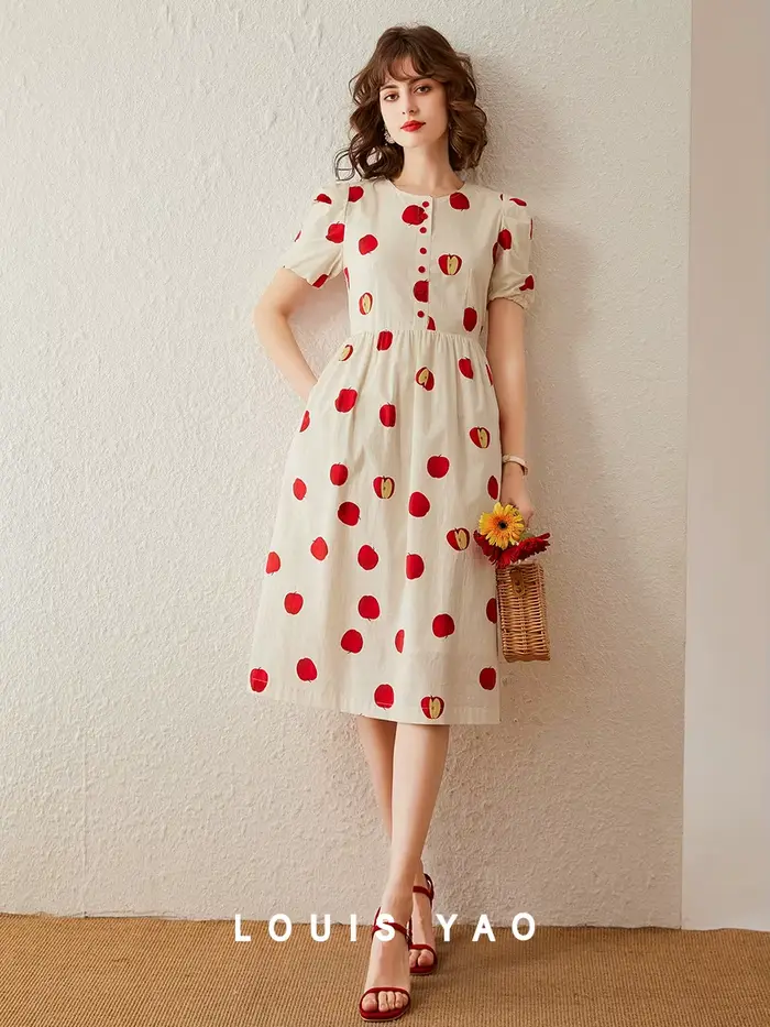 Modiis Yao-Robe longue trapèze pour femme, tenue élégante, imprimée pomme, col rond, manches courtes