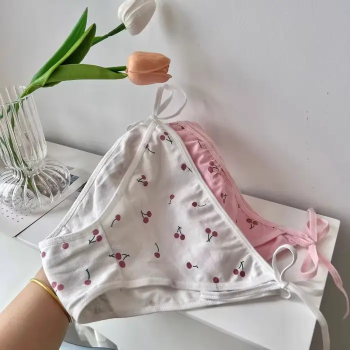 Lolita – Cherry vzorované bavlněné kalhotky pro ženy, sexy spodní prádlo, bílá, růžová, ramínko krajka-up, měkké, nízký pas, Anime, družičky žabky