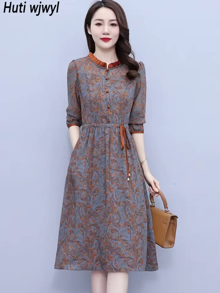 Robe mi-longue à manches longues et col à volants pour femmes, robe de soirée élégante, tambour coré