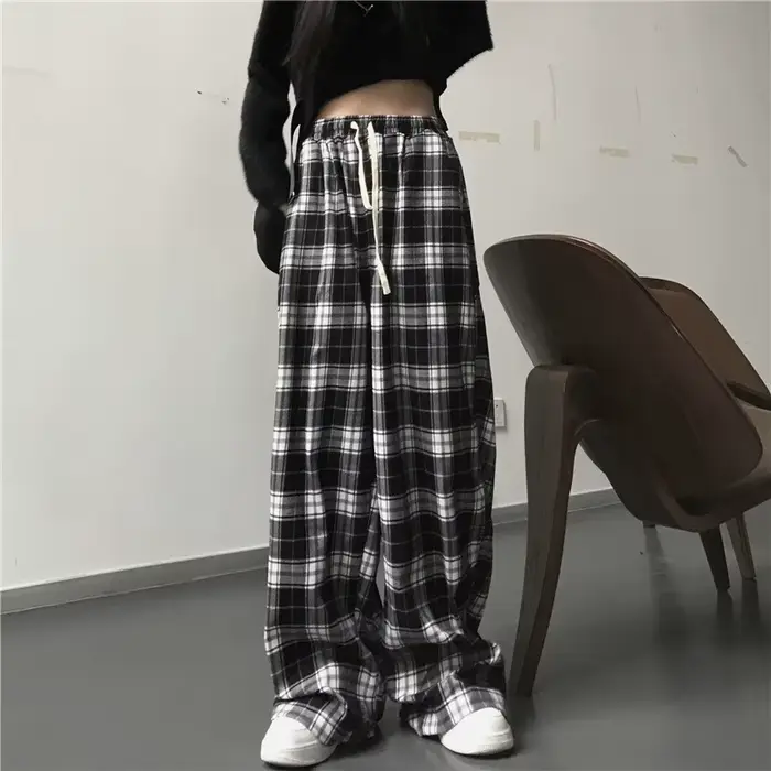 Pantalon de survêtement oversize pour femme, motif écossais noir, décontracté, coupe ample, taille é