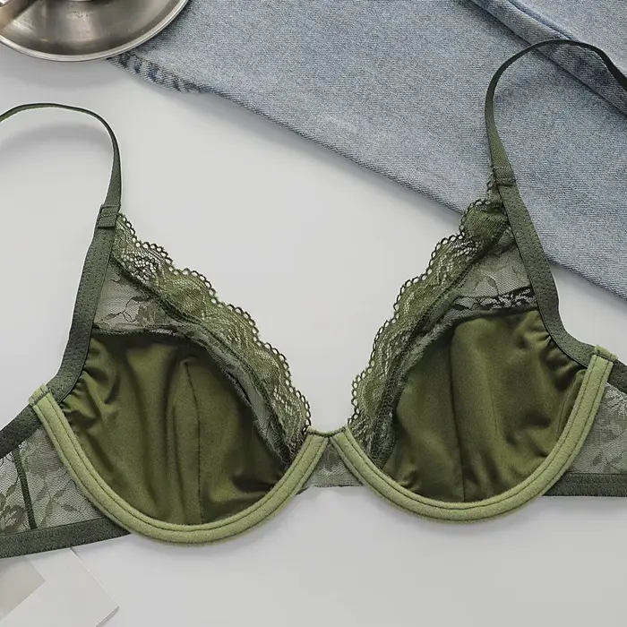 Sexy květinová krajka podprsenka pro ženy, s kosticemi, V-výstřih, bez polstrování, pohodlné spodní prádlo, ramínko nastavitelná, elegantní, zelená, pro každý den