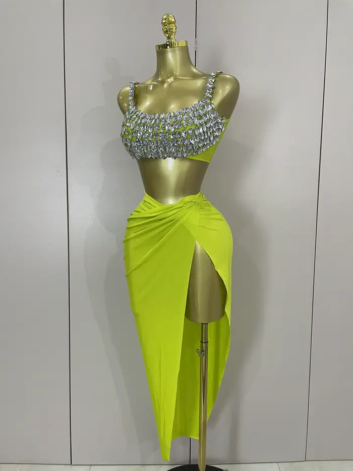 Ensemble deux pièces Sexy avec diamants en cristal scintillant pour femmes, Costume de spectacle sur