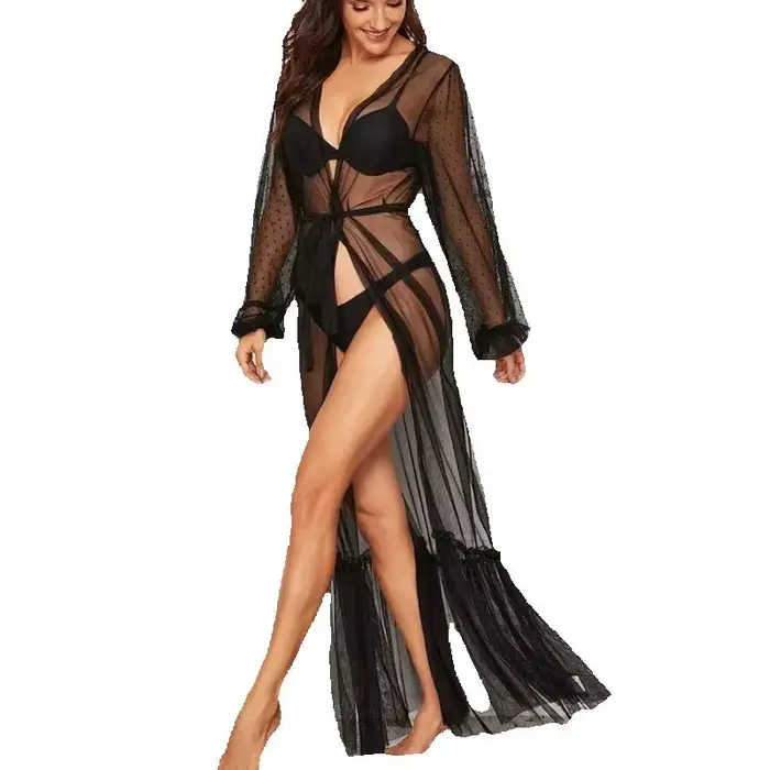 Robe longue en dentelle noire pour femme, lingerie sexy pour femme, robe longue, chemise de nuit confortable, pyjama