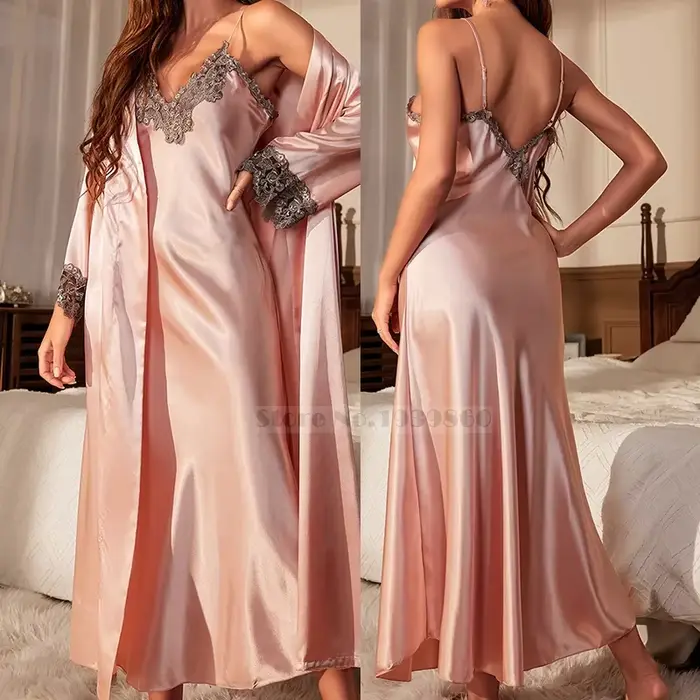 Saténová noční košile pro ženy, sexy styl, krajkové čalounění, domácí oblečení pro letní a speciální příležitosti