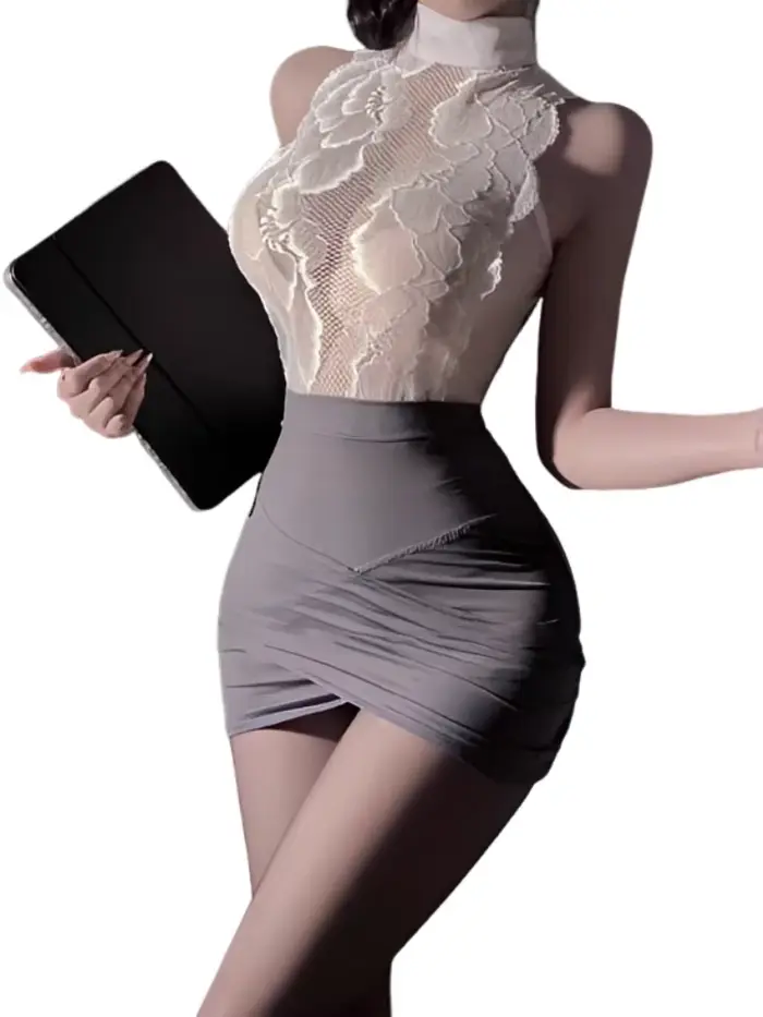 Ensemble de lingerie sexy pour femmes, tenue d'hôtesse et uniforme de secrétaire en dentelle, pour jeu de rôle professionnel, avec jupe couvrante et détails évidés séduisants