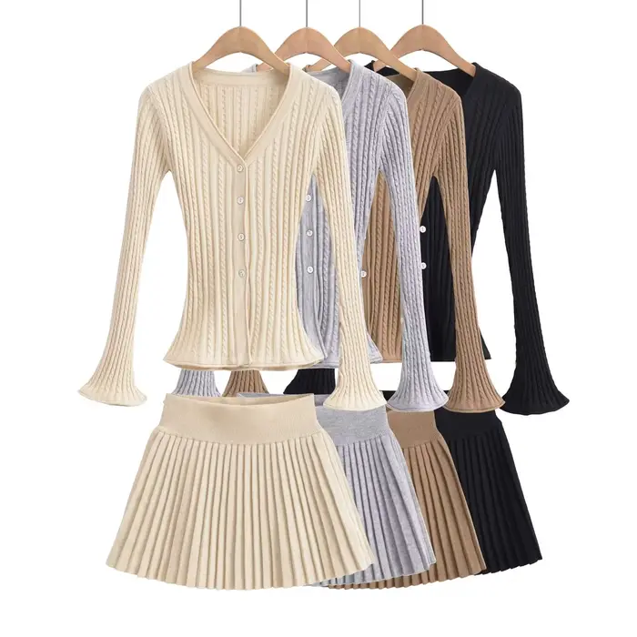 Cardigan en tricot torsadé à col en V pour femmes, taille élastique, mini jupe plissée, olympiques a