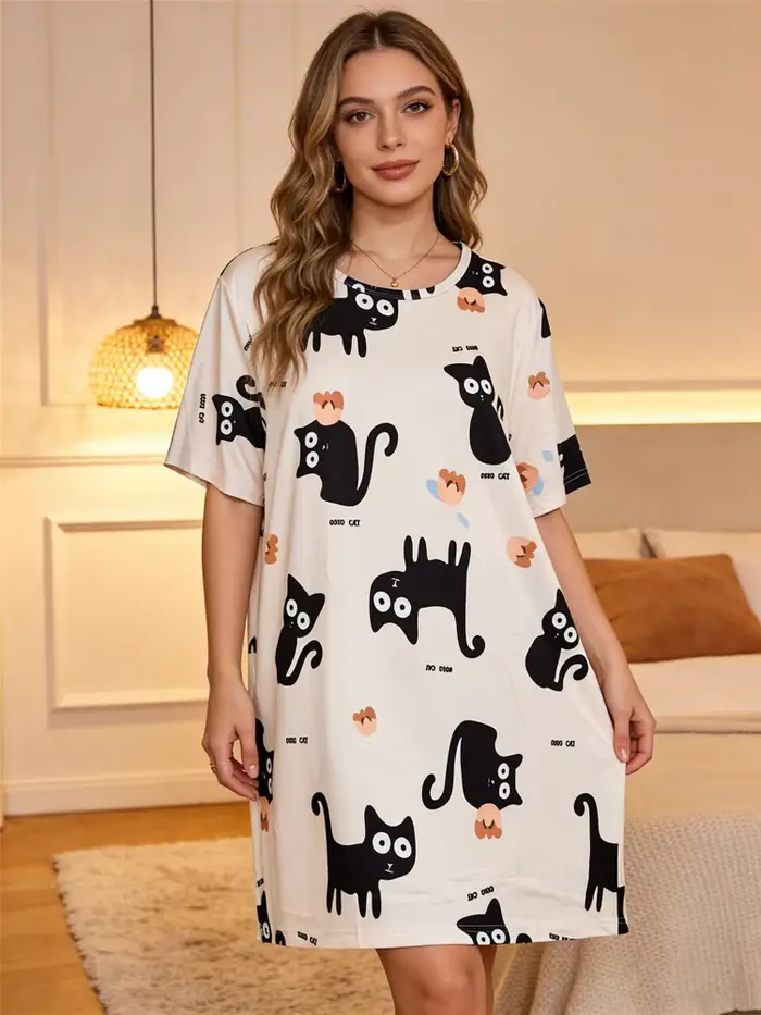 Dámská noční košile, černý kočičí potisk, široká, velká velikost, krátké letní šaty, sexy dámská noční košile, dívčí noční prádlo
