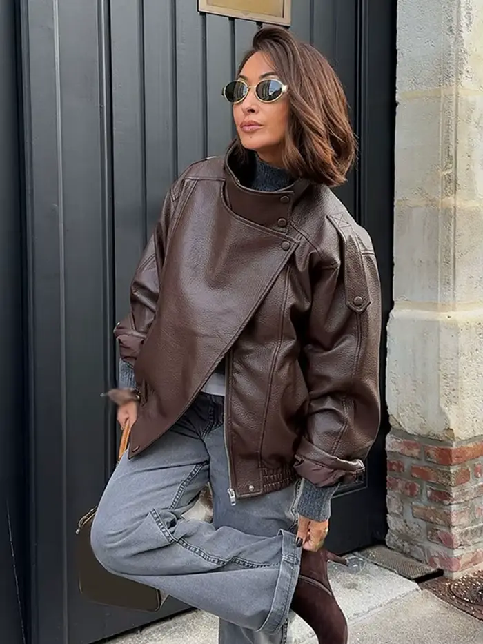 HH femmes automne élégant Style de rue manteaux femme asymétrique bouton poche manches longues noir 